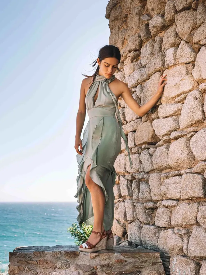 OCTAVIA - Open espadrille for women in platinum colour and leather with wedge
